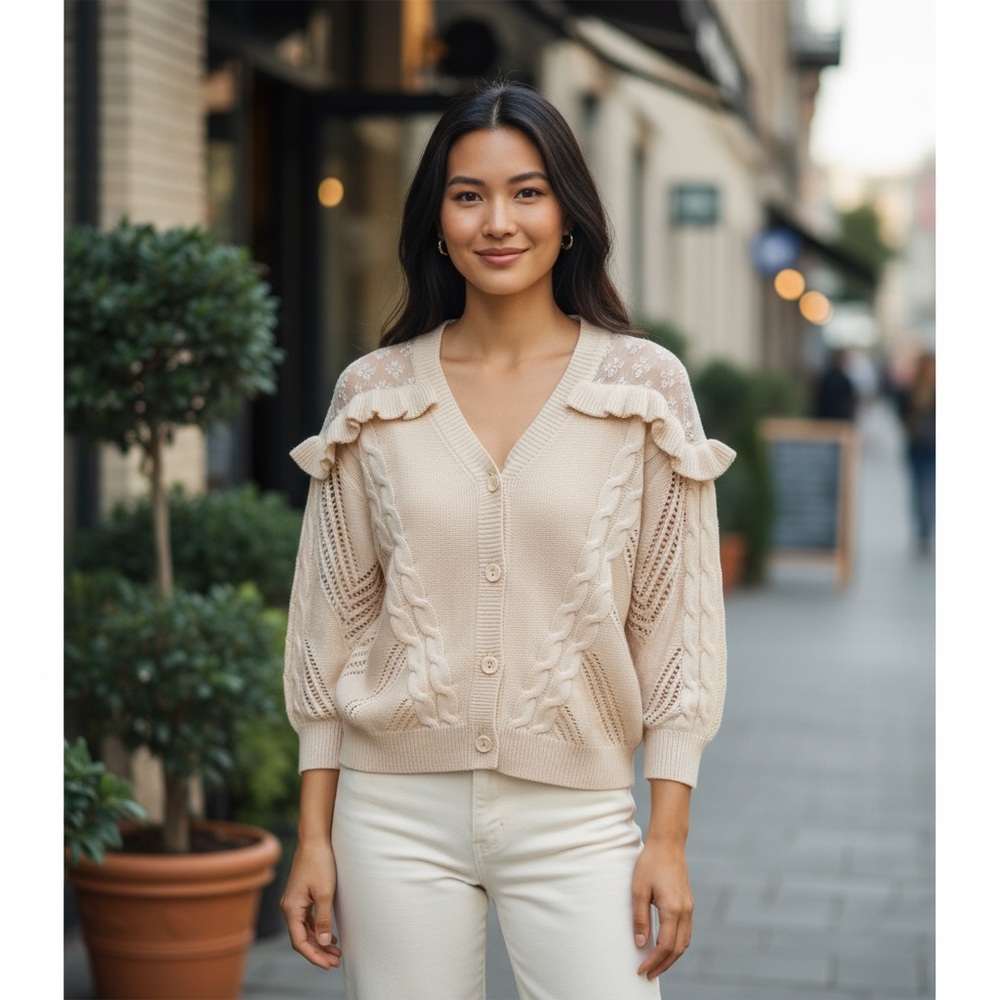 Vine Love‎ Sweater Cardigan Womens S Ivory Oversize Lace Cable Knit Boho Dainty